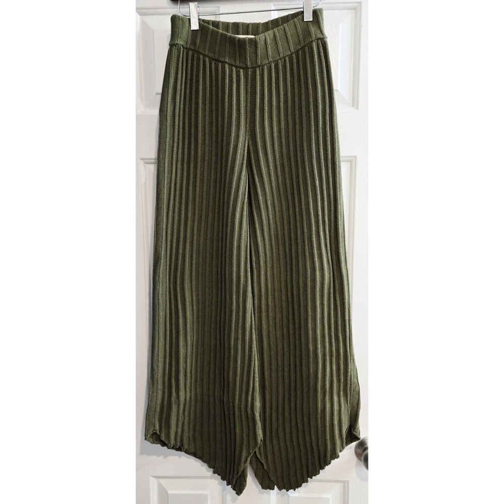 Soluna Collective Women's Assymetrical Knit Pants Olive Green Size Small